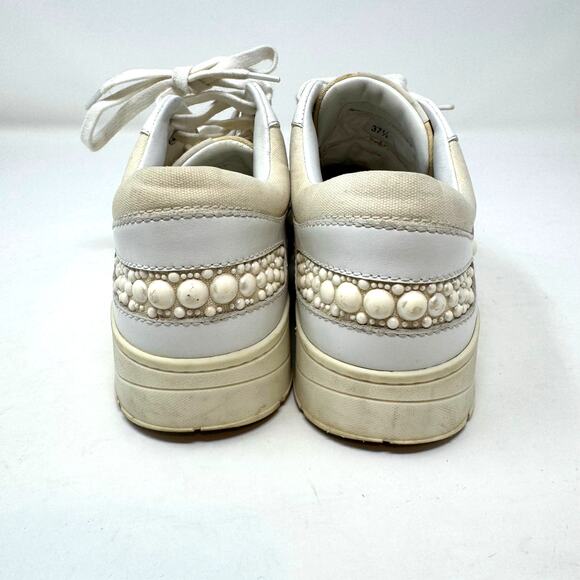 Jimmy Choo Hawaii Leather Pearl Sneakers Shoes 37.5 7.5 White Embellished - Picture 3 of 12